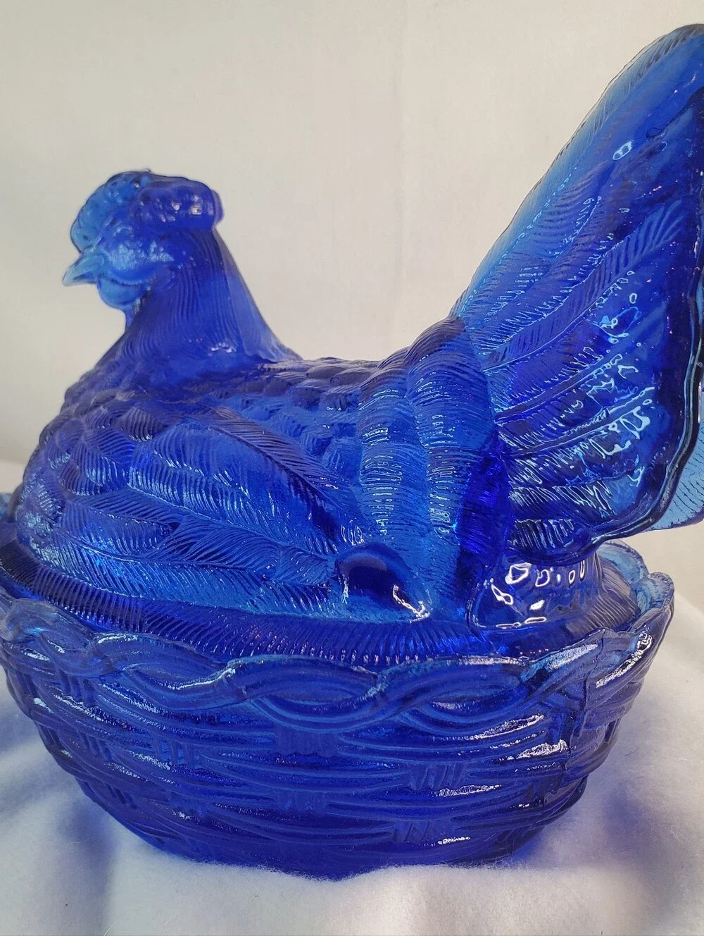 Vintage Mosser Colbolt Blue Glass Chicken Nest w/ Eggs